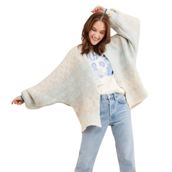 Free People Winter Wonderland Cardigan Sweater Blue Combo Medium - Picture 1 of 16